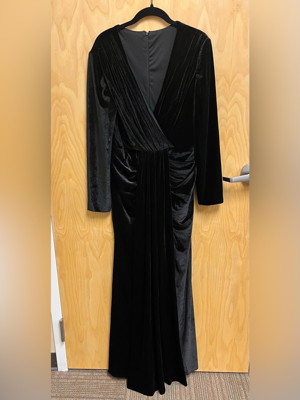 Black Velvet Long Sleeve Draped Evening Dress